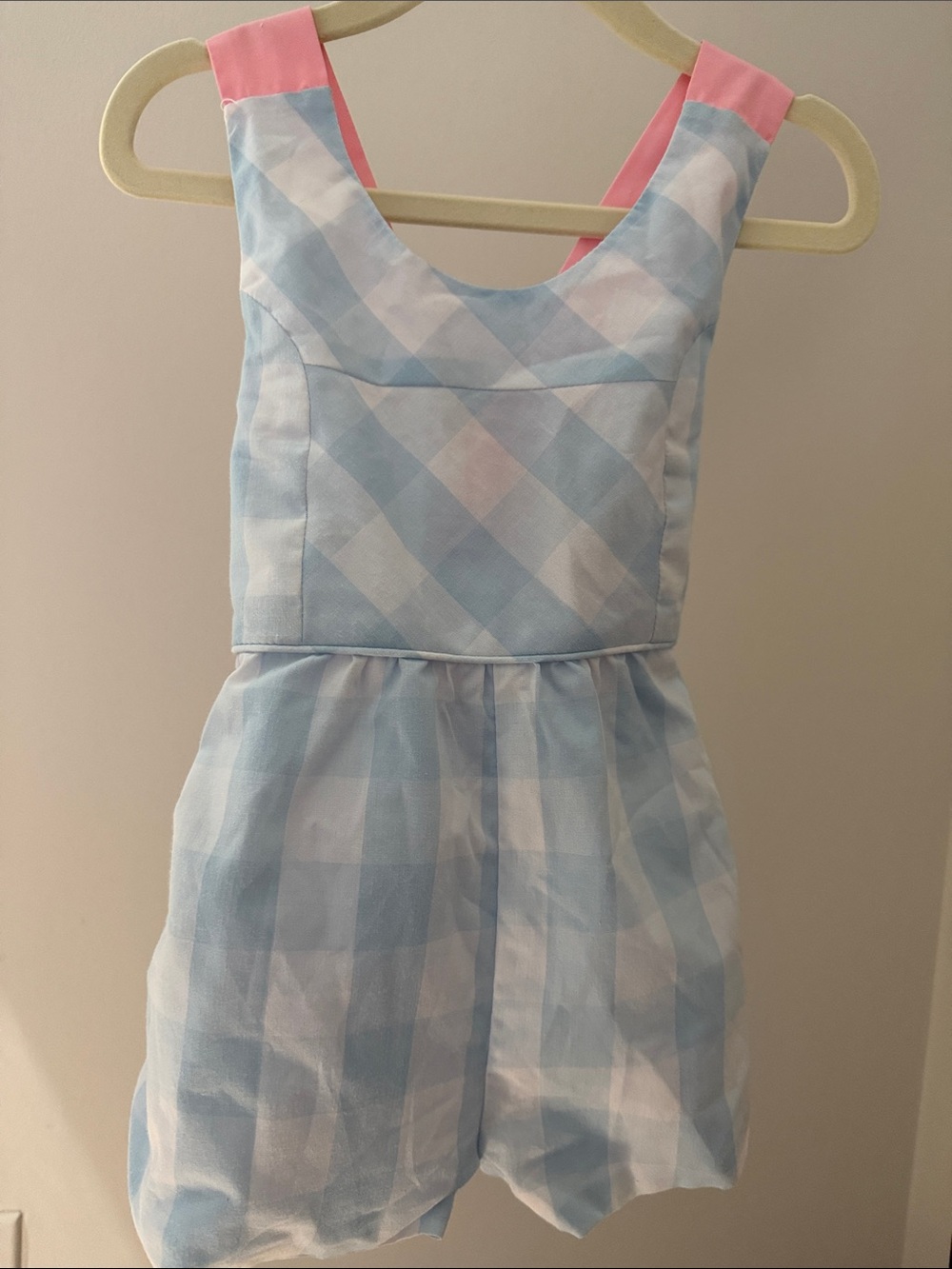 The Beaufort Bonnet Company Blue Gingham Romper with Pink Straps